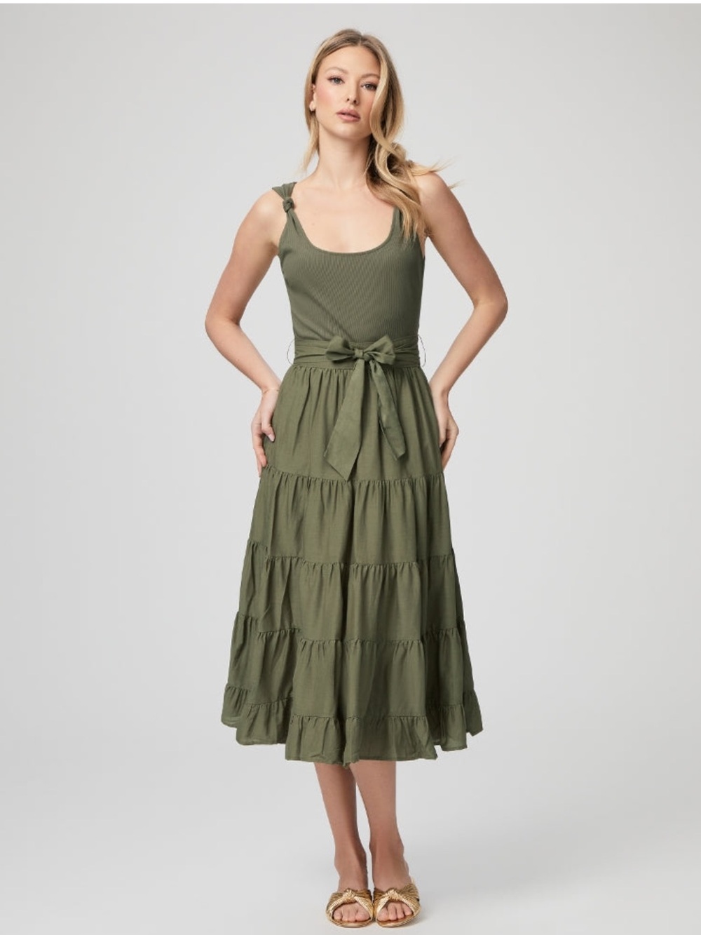 PAIGE Olive Green Tiered Midi Summer Dress Cotton Flowy Knot Shoulder NWOT